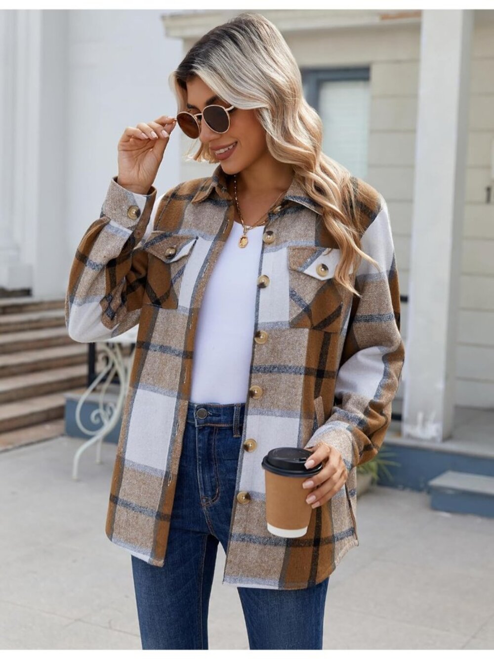 Women's Brown White Sherpa Fleece Lined Winter Plaid Flannel Jacket With pocket - Picture 3 of 6